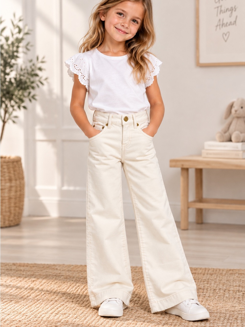 J.Crew Crewcuts Girls Wide-Leg Knit Jeans Pants Ivory Size 4 NWT